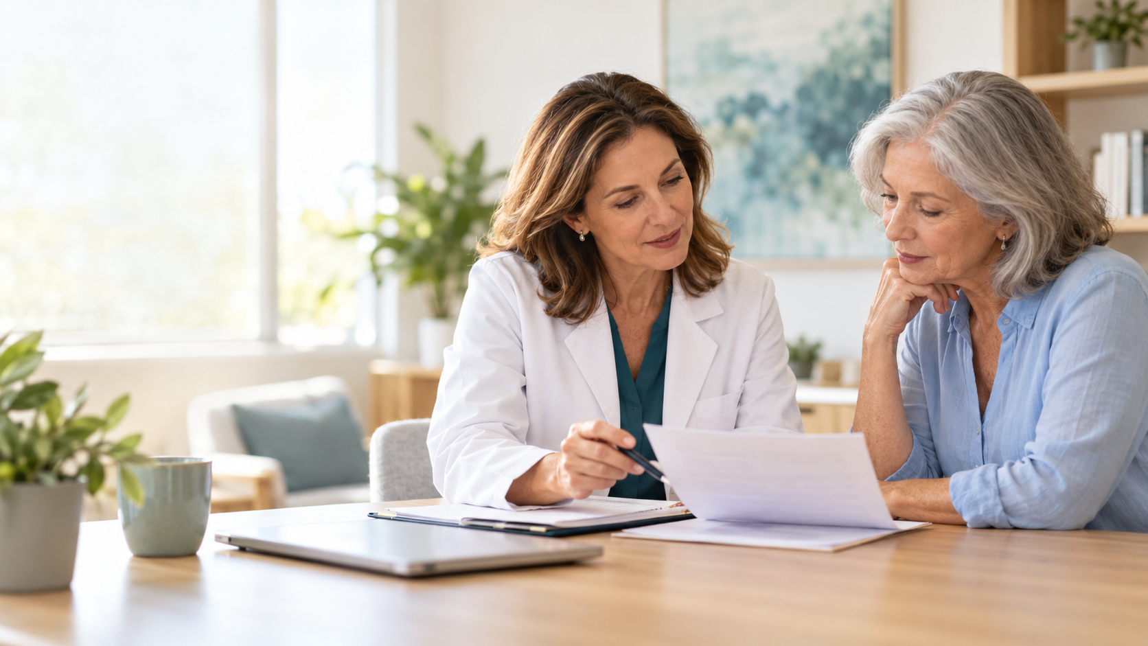 Couple reviewing paperwork and preparing questions for an oncology appointment